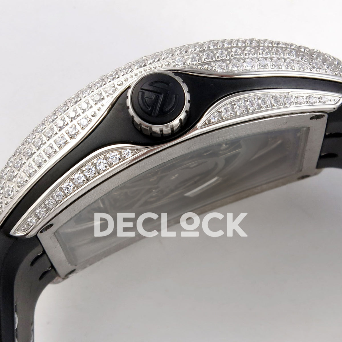 Franck Muller Vanguard V45 Tourbillon Style Steel Gems White Leather ABF replica - crown side