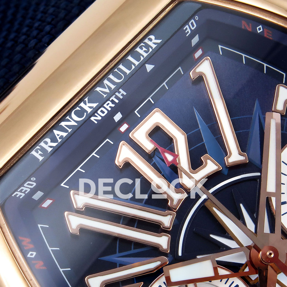 Franck Muller Vanguard Yachting Chrono Rose Gold Blue Nylon ABF A7750 replica - upper dial closeup