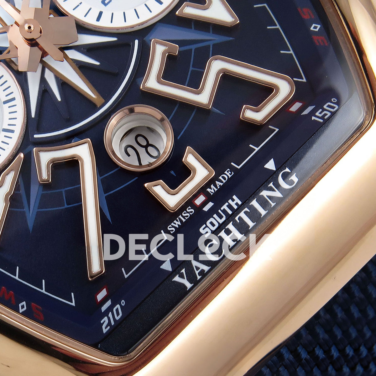 Franck Muller Vanguard Yachting Chrono Rose Gold Blue Nylon ABF A7750 replica - lower dial closeup