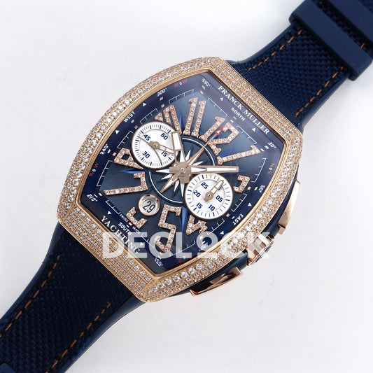 Franck Muller Vanguard Yachting Chrono Rose Gold Gems Blue Nylon ABF A7750 replica - dial angle left