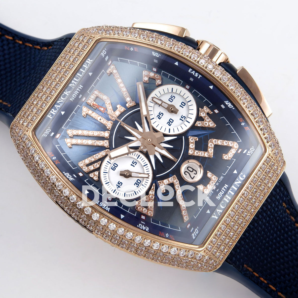 Franck Muller Vanguard Yachting Chrono Rose Gold Gems Blue Nylon ABF A7750 replica - dial angle right