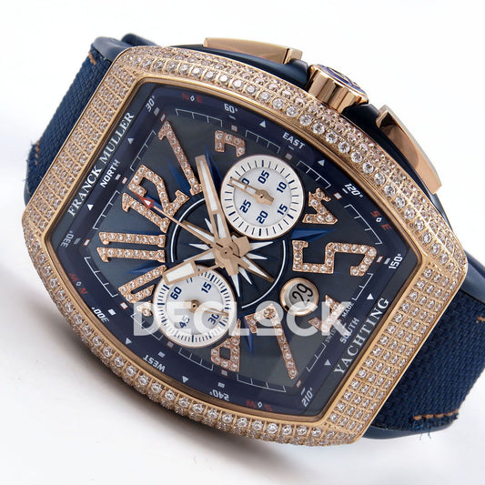 Franck Muller Vanguard Yachting Chrono Rose Gold Gems Blue Nylon ABF A7750 replica - three quarter