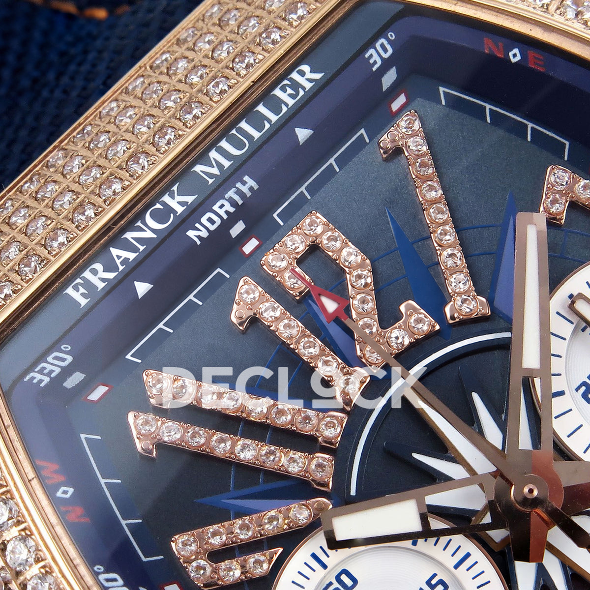 Franck Muller Vanguard Yachting Chrono Rose Gold Gems Blue Nylon ABF A7750 replica - upper dial closeup