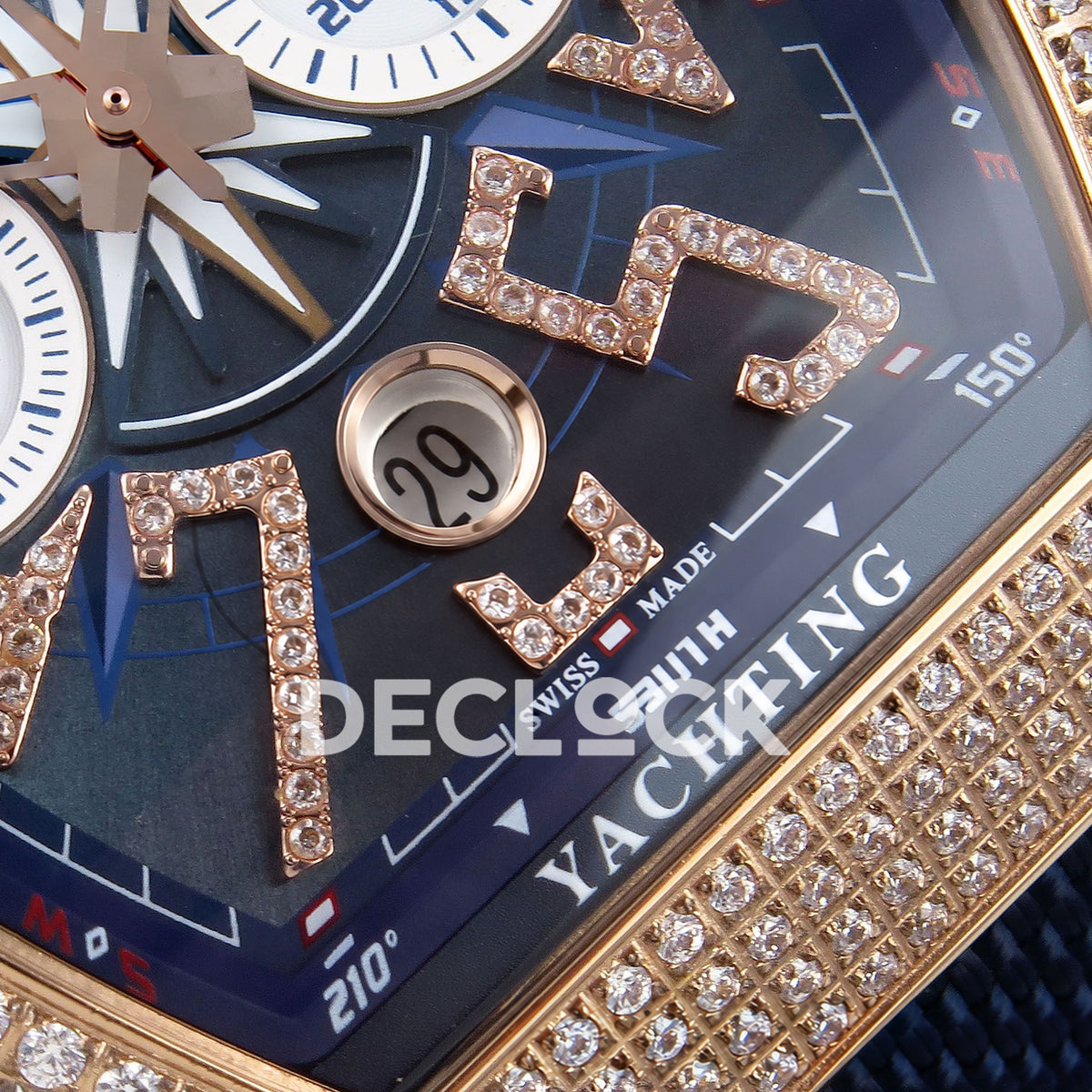 Franck Muller Vanguard Yachting Chrono Rose Gold Gems Blue Nylon ABF A7750 replica - lower dial closeup