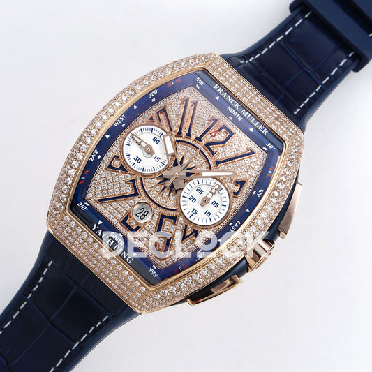Franck Muller Vanguard Yachting Chrono Rose Gold Pave Blue ABF A7750 replica - dial angle left