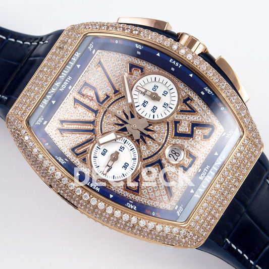 Franck Muller Vanguard Yachting Chrono Rose Gold Pave Blue ABF A7750 replica - dial angle right