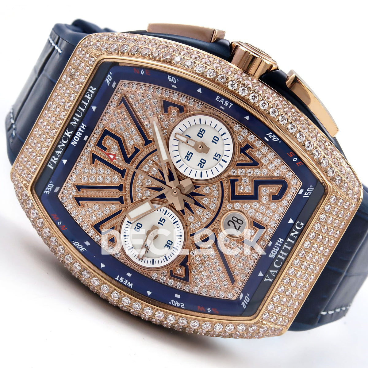 Franck Muller Vanguard Yachting Chrono Rose Gold Pave Blue ABF A7750 replica - three quarter