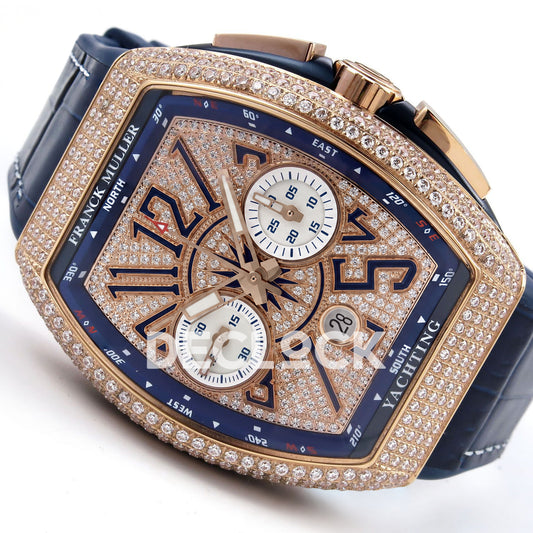 Franck Muller Vanguard Yachting Chrono Rose Gold Pave Blue ABF A7750 replica - three quarter