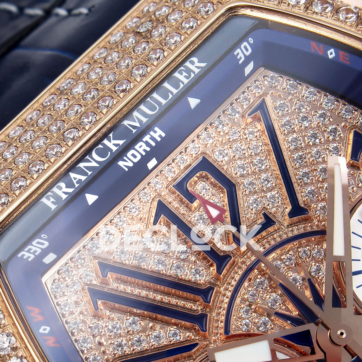 Franck Muller Vanguard Yachting Chrono Rose Gold Pave Blue ABF A7750 replica - upper dial closeup