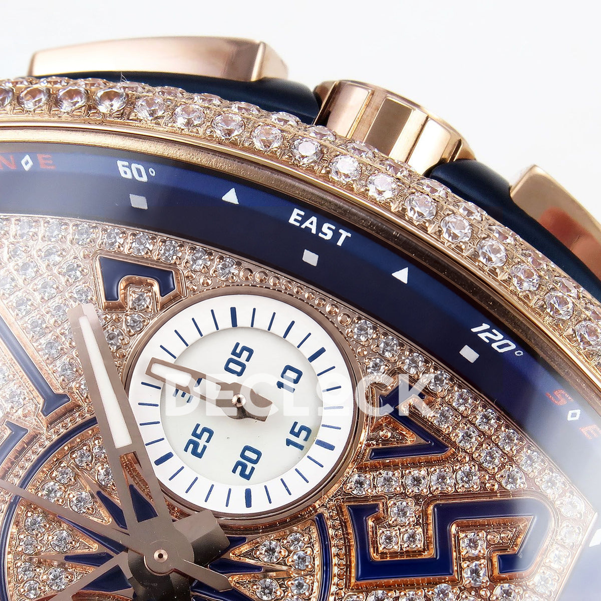 Franck Muller Vanguard Yachting Chrono Rose Gold Pave Blue ABF A7750 replica - crown subdial detail