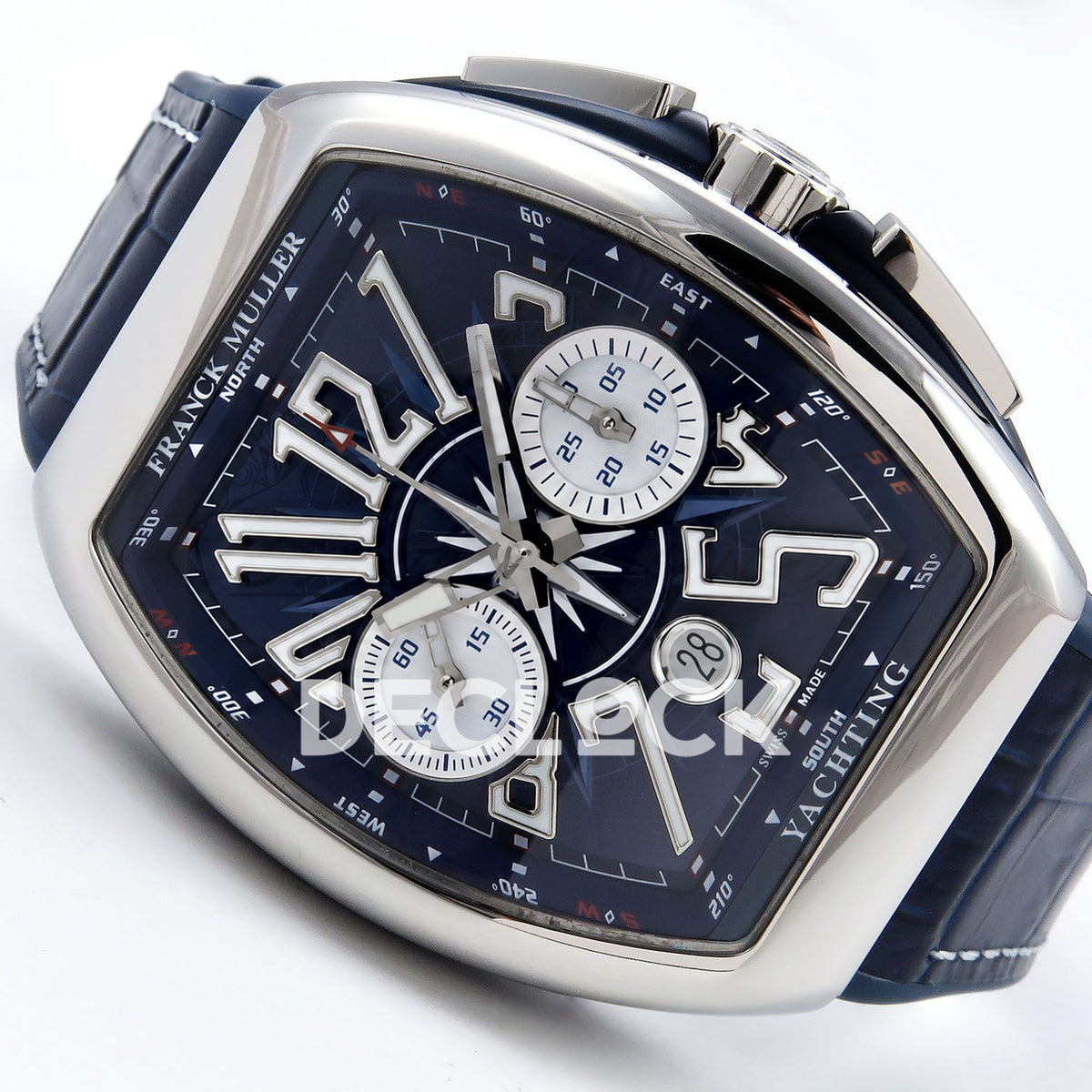 Franck Muller Vanguard Yachting Chrono Steel Blue Leather ABF A7750 replica - three quarter