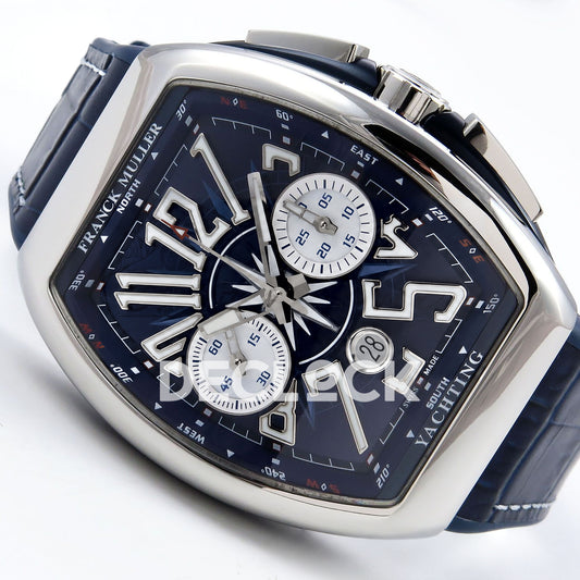 Franck Muller Vanguard Yachting Chrono Steel Blue Leather ABF A7750 replica - three quarter