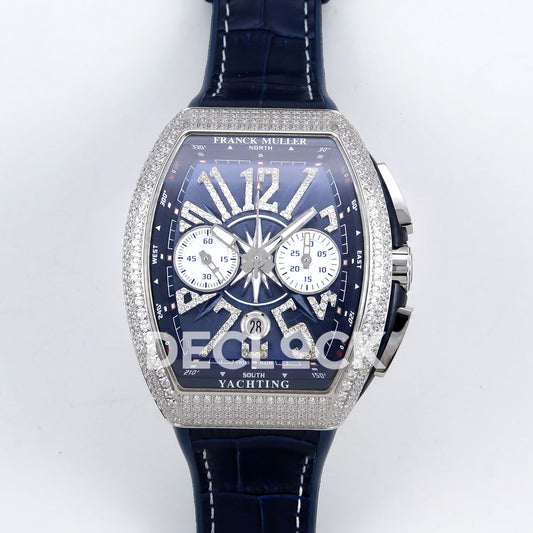 Franck Muller Vanguard Yachting Chrono Steel Gems Blue Leather ABF A7750 replica - front