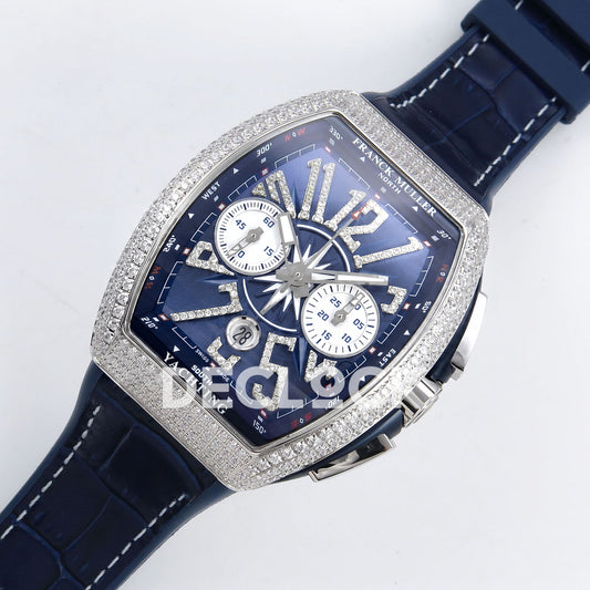 Franck Muller Vanguard Yachting Chrono Steel Gems Blue Leather ABF A7750 replica - dial angle left