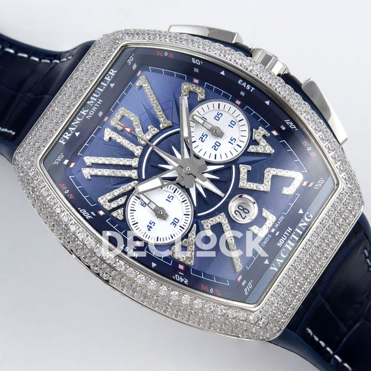 Franck Muller Vanguard Yachting Chrono Steel Gems Blue Leather ABF A7750 replica - dial angle right