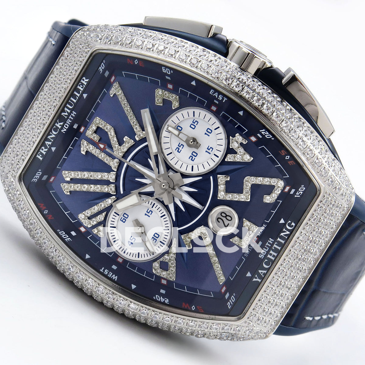 Franck Muller Vanguard Yachting Chrono Steel Gems Blue Leather ABF A7750 replica - three quarter