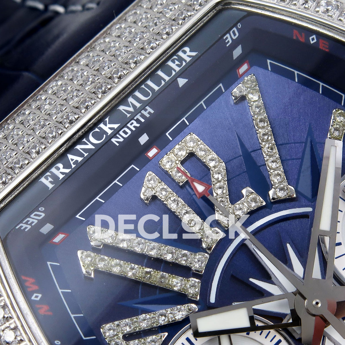 Franck Muller Vanguard Yachting Chrono Steel Gems Blue Leather ABF A7750 replica - upper dial closeup