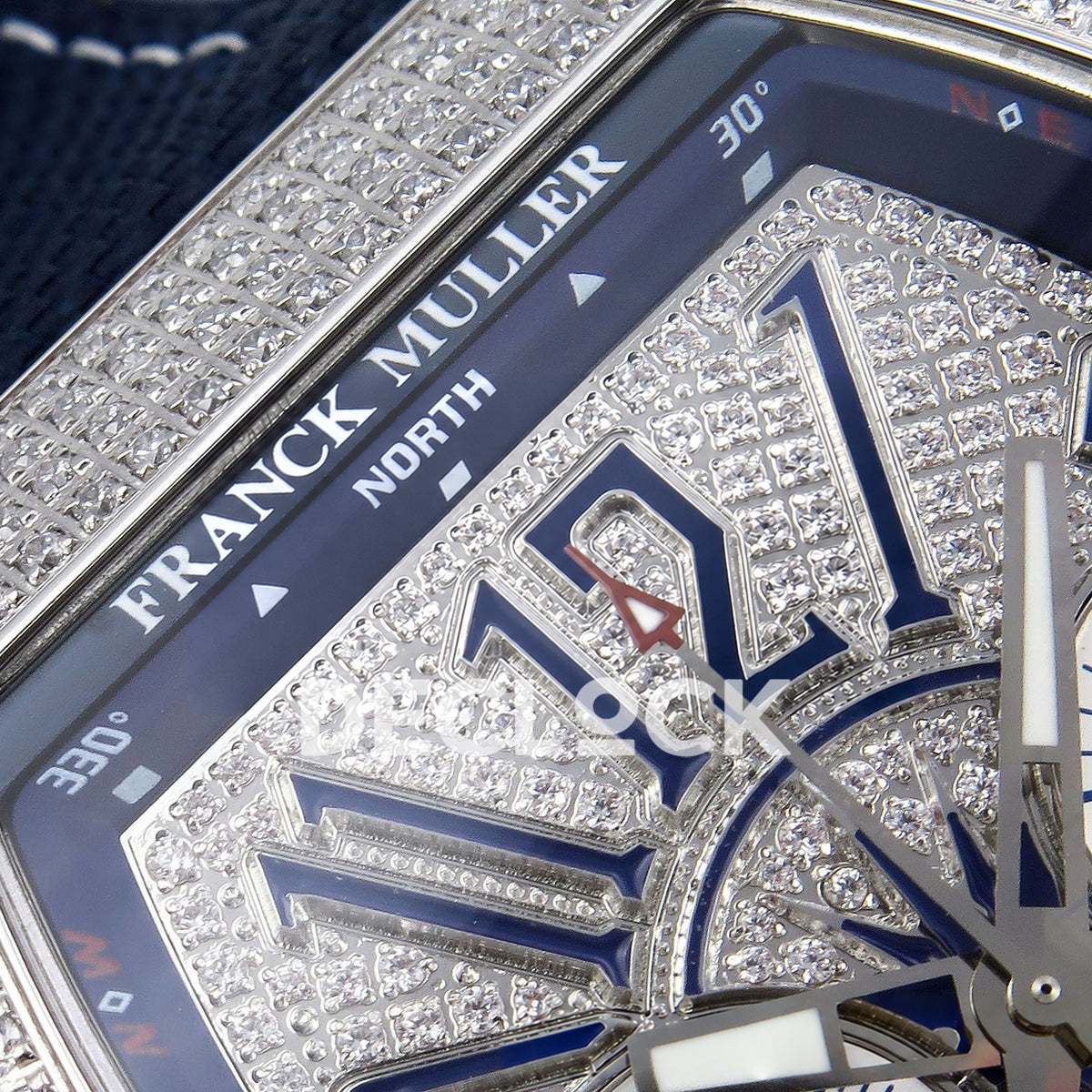 Franck Muller Vanguard Yachting Chrono Steel Pave Blue Nylon ABF A7750 replica - upper dial closeup