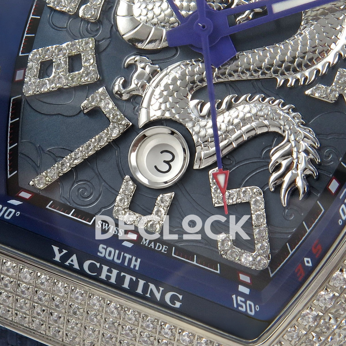 Franck Muller Vanguard Yachting Dragon King Blue Purple Gems ABF A2824 replica - date closeup