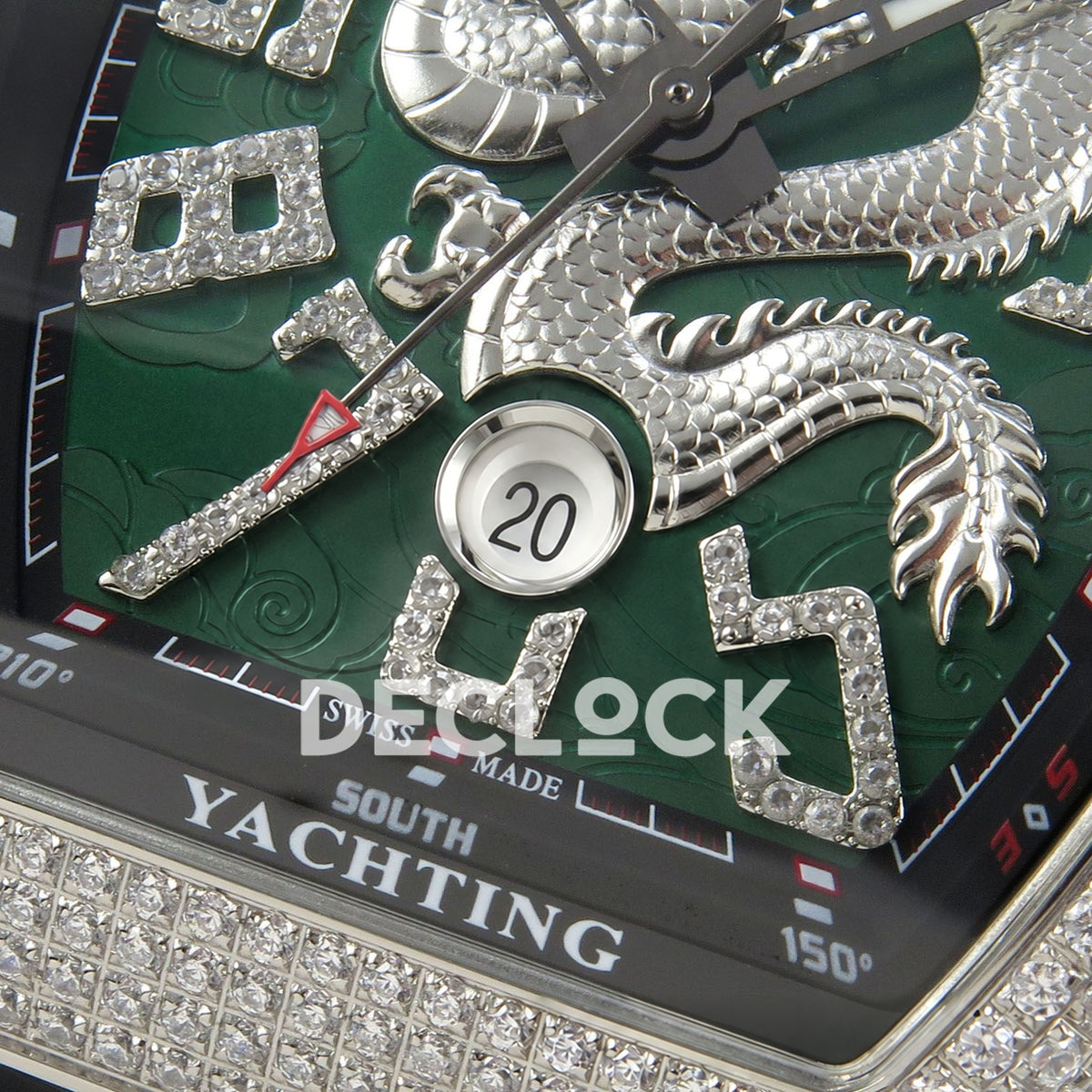 Franck Muller Vanguard Yachting Dragon King Green Gems Black Leather ABF A2824 replica - date closeup