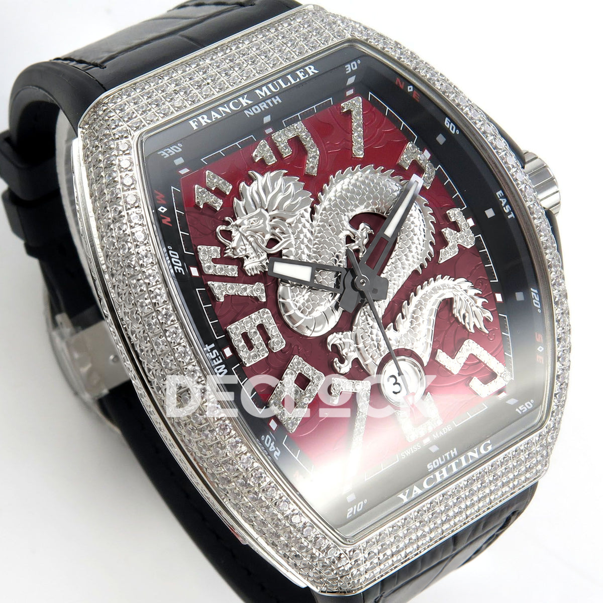 Franck Muller Vanguard Yachting Dragon King Red Gems Black Leather ABF A2824 replica - dial angle left