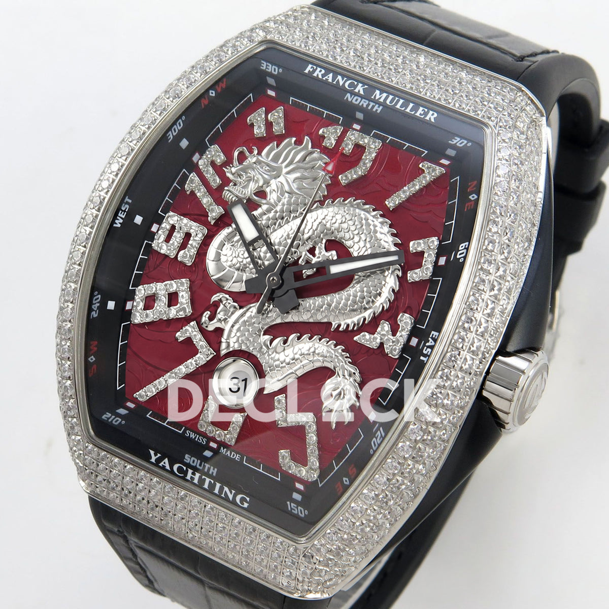 Franck Muller Vanguard Yachting Dragon King Red Gems Black Leather ABF A2824 replica - three quarter