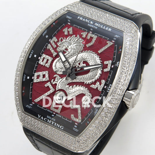 Franck Muller Vanguard Yachting Dragon King Red Gems Black Leather ABF A2824 replica - three quarter