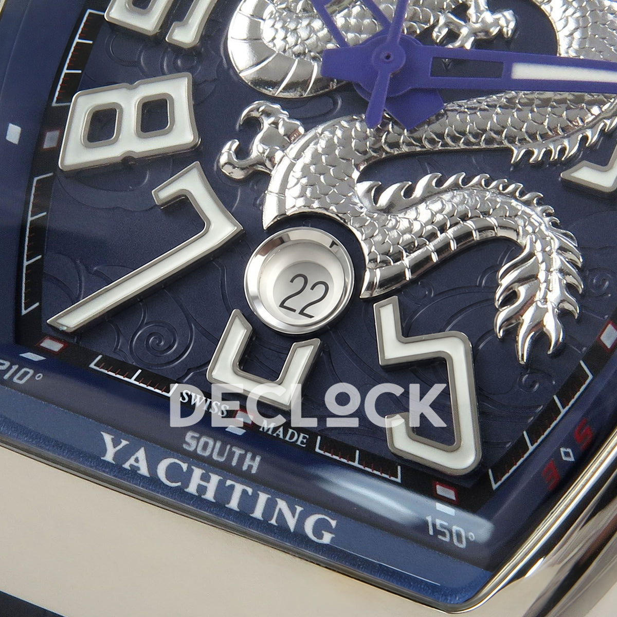 Franck Muller Vanguard Yachting Dragon King Steel Blue Purple ABF A2824 replica - date closeup