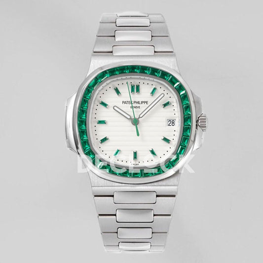 Replica Pattek Philippe Nautilus 5711 White Dial Green Diamond Bezel | Declock.