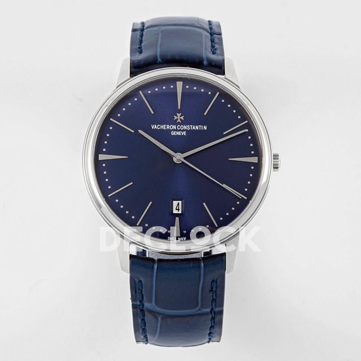 Replica Vacheron Constantin Patrimony Date Silver Blue Dial on Blue Leather Strap |  Declock.