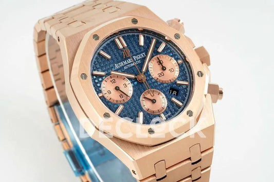 Replica Audemars Pigeut Royal Oak Self-Winding Chronograph Blue Dial in Rose Gold |  Declock.