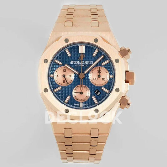 Replica Audemars Pigeut Royal Oak Self-Winding Chronograph Blue Dial in Rose Gold |  Declock.
