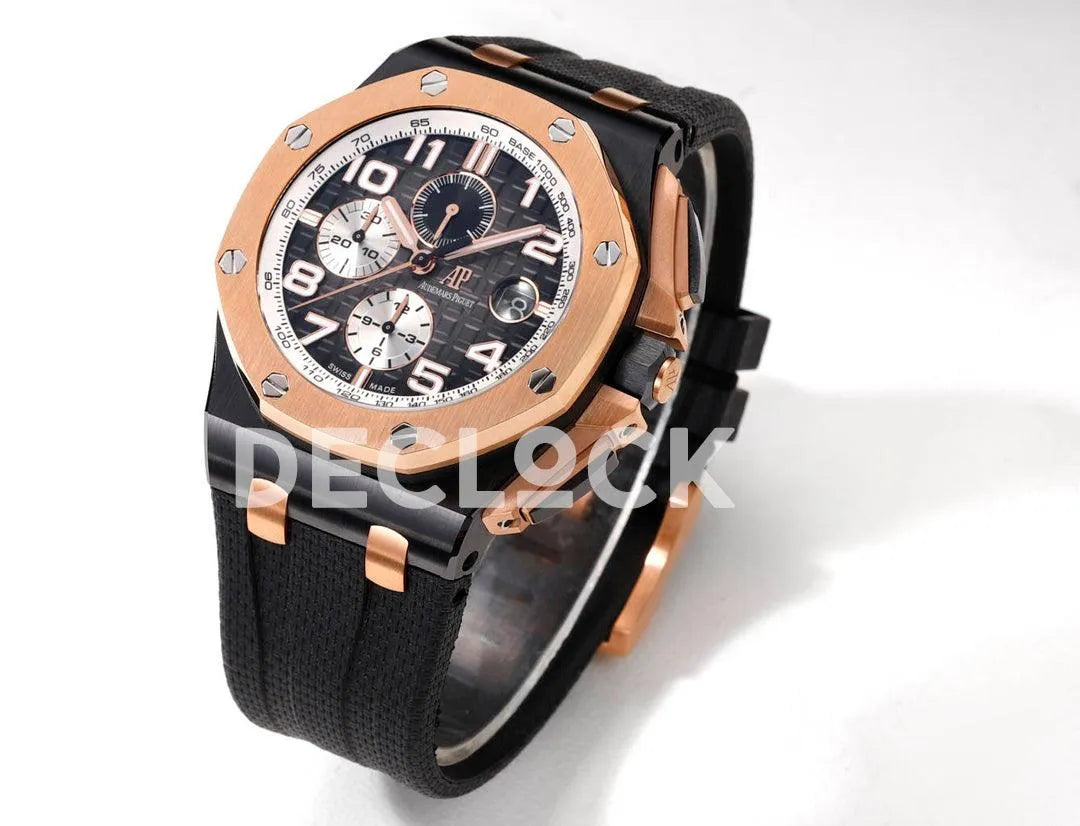 Replica Audemars Pigeut Royal Oak Offshore Chronograph Black Dial in Rose Gold/Black