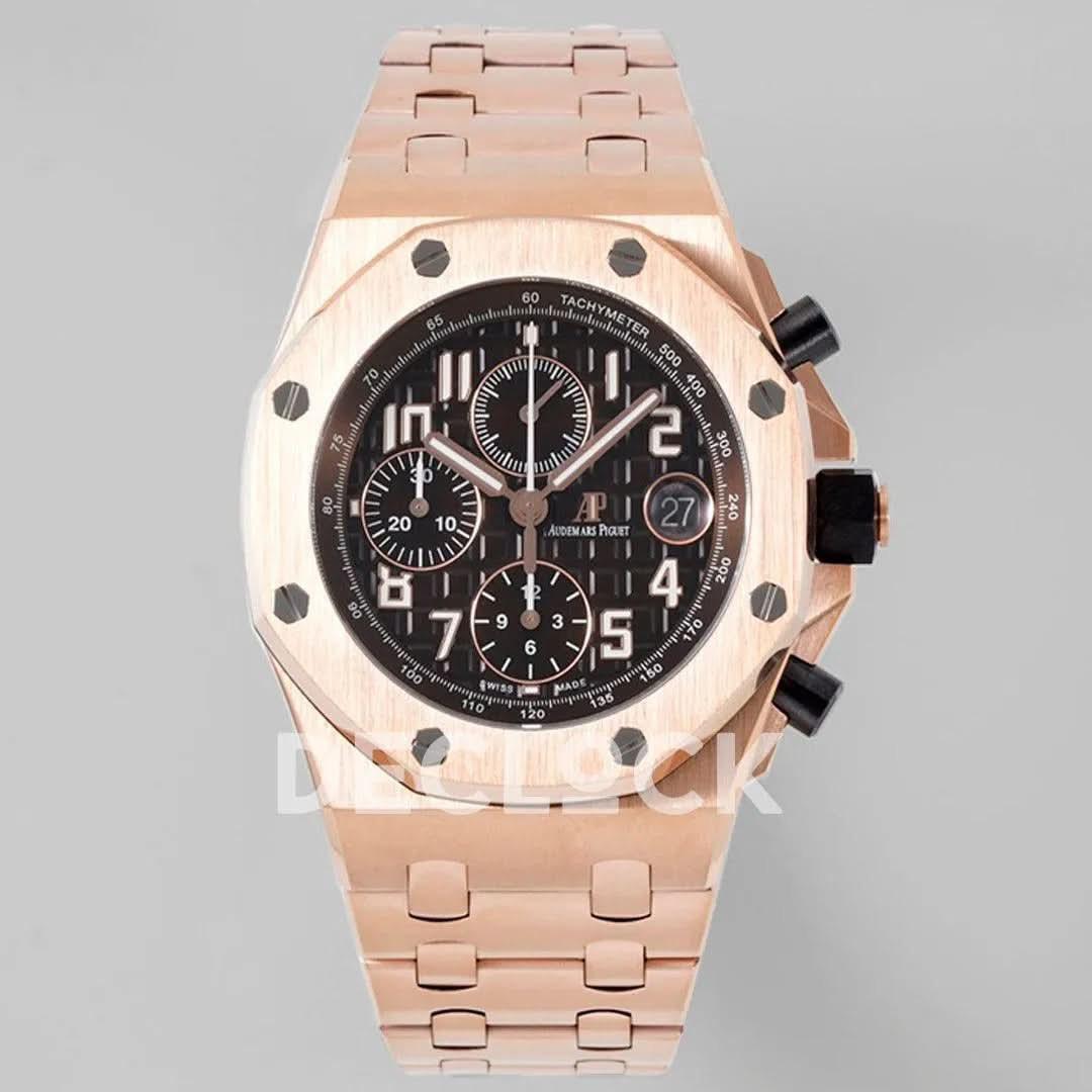Replica Audemars Pigeut Royal Oak Offshore Self-Winding Chronograph Black Dial in Rose Gold |  Declock.