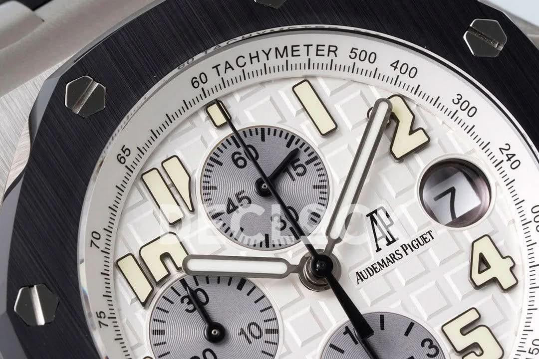 Replica Audemars Pigeut Royal Oak Offshore Self-Winding Chronograph White Numerous Dial in Steel |  Declock.