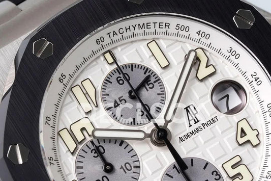 Replica Audemars Pigeut Royal Oak Offshore Self-Winding Chronograph White Numerous Dial in Steel |  Declock.