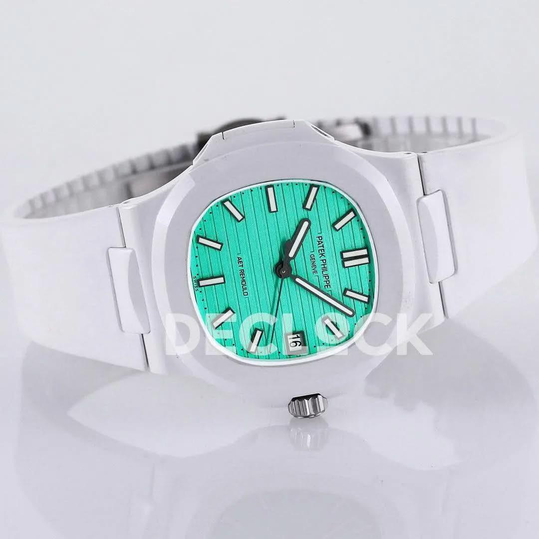 Replica Pattek Philippe AET Nautilus 5711 White Ceramic AMGF Tiffany Blue Dial on White Rubber Strap |  Declock.