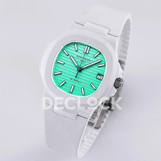 Replica Pattek Philippe AET Nautilus 5711 White Ceramic AMGF Tiffany Blue Dial on White Rubber Strap | Declock.