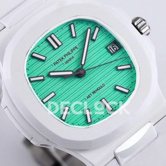 Replica Pattek Philippe AET Nautilus 5711 White Ceramic AMGF Tiffany Blue Dial on White Rubber Strap | Declock.