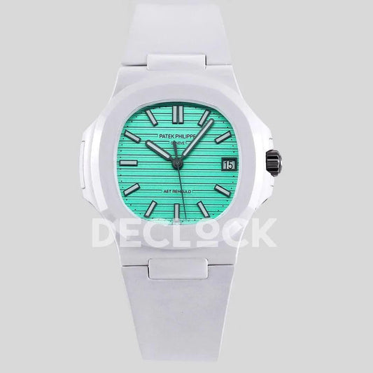 Replica Pattek Philippe AET Nautilus 5711 White Ceramic AMGF Tiffany Blue Dial on White Rubber Strap | Declock.
