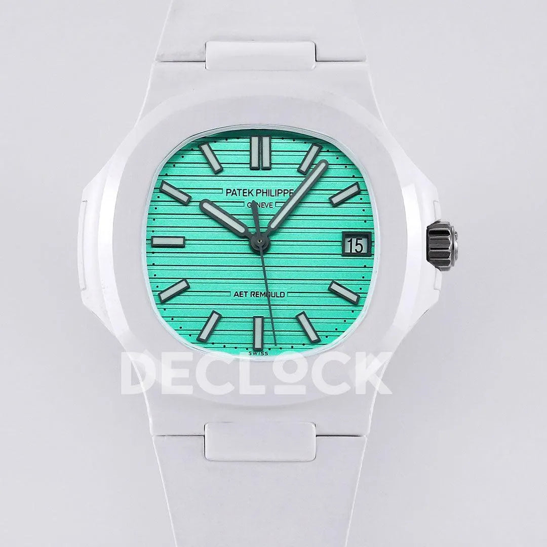 Replica Pattek Philippe AET Nautilus 5711 White Ceramic AMGF Tiffany Blue Dial on White Rubber Strap