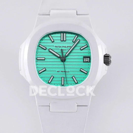 Replica Pattek Philippe AET Nautilus 5711 White Ceramic AMGF Tiffany Blue Dial on White Rubber Strap | Declock.