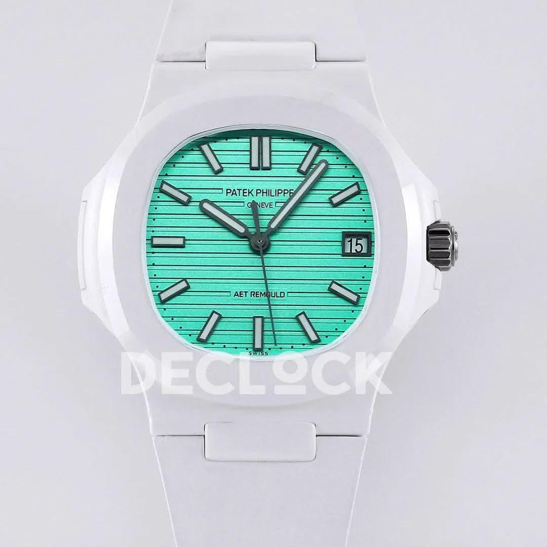 Replica Pattek Philippe AET Nautilus 5711 White Ceramic AMGF Tiffany Blue Dial on White Rubber Strap |  Declock.