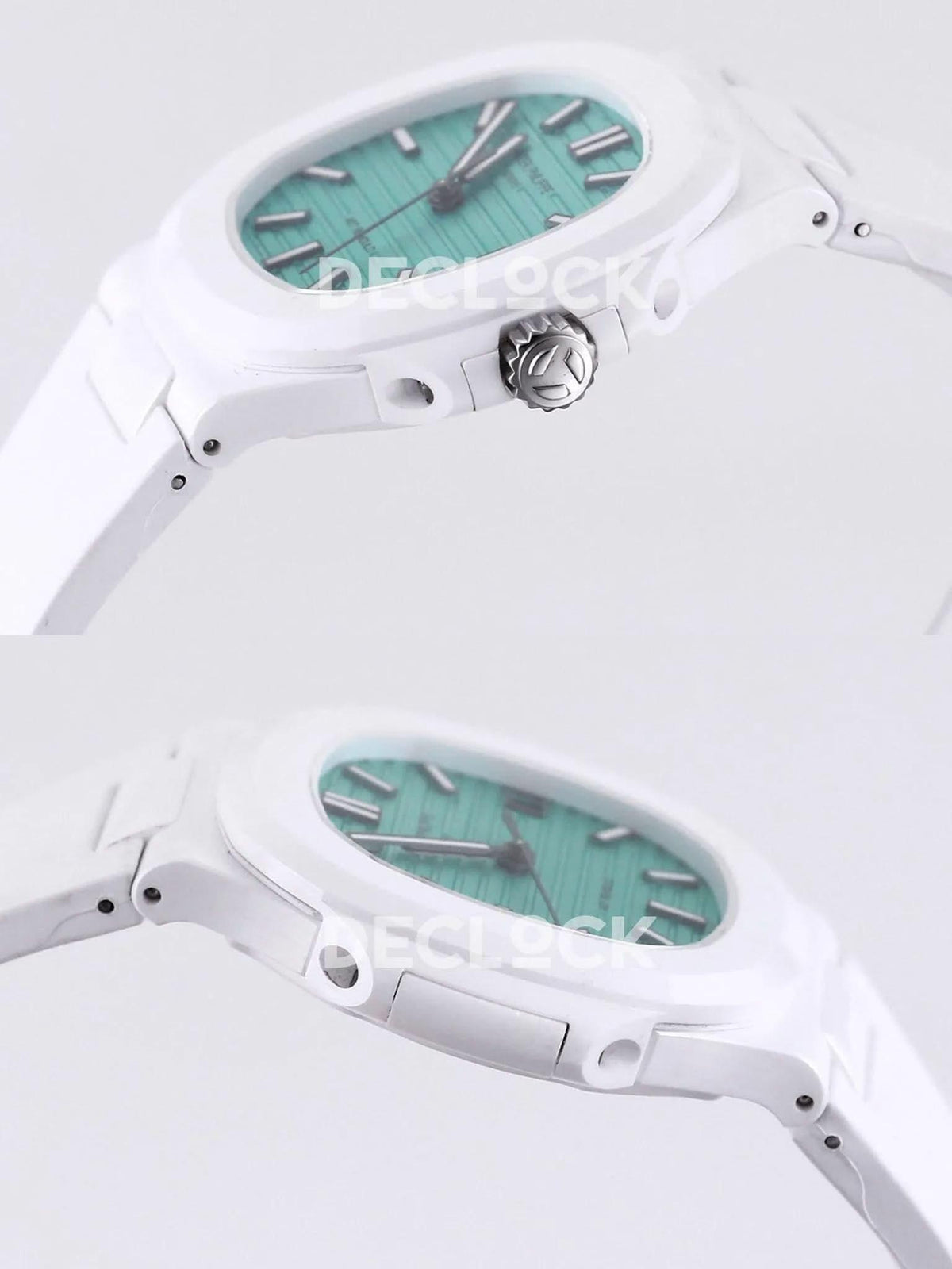 Replica Pattek Philippe AET Nautilus 5711 White Ceramic AMGF Tiffany Blue Dial on White Rubber Strap |  Declock.
