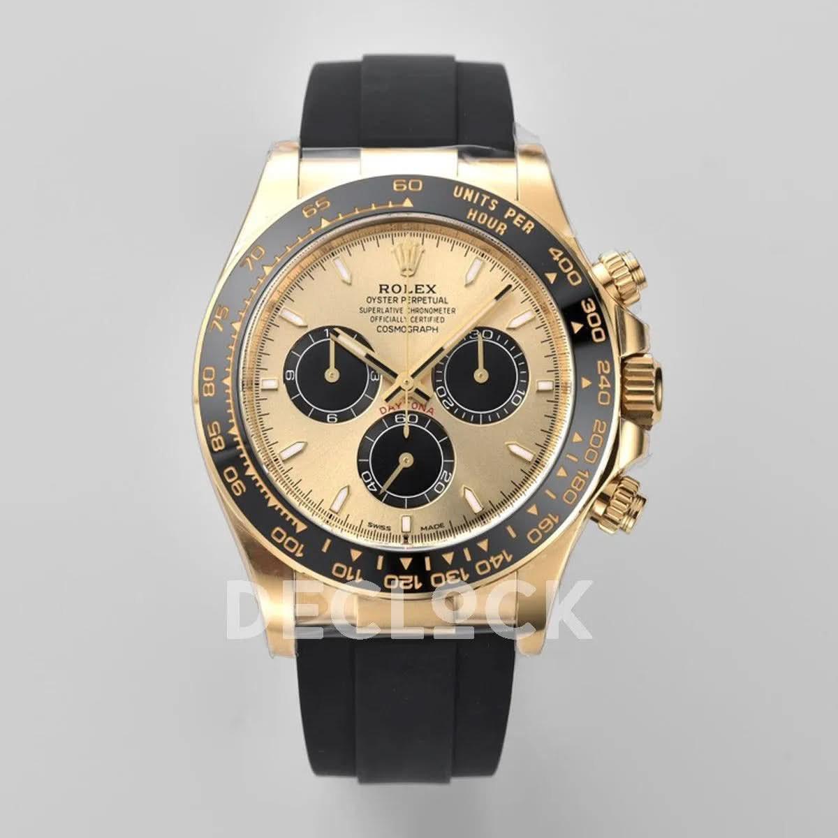 Replica Rolex Daytona 126518LN Gold Dial in Yellow Gold on Rubber Strap |  Declock.