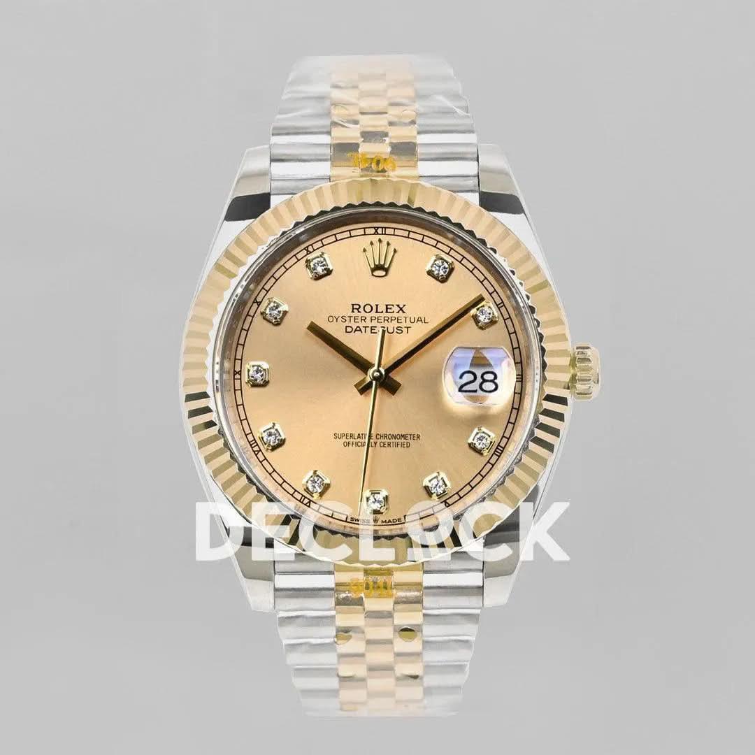 Replica Rolex Datejust 36/41 126331 Gold Dial in with Diamond Markers in Jubilee |  Declock.