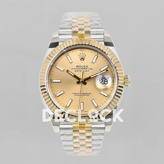 Replica Rolex Datejust 36/41 126331 Gold Dial in with Stick Markers in Jubilee | Declock.