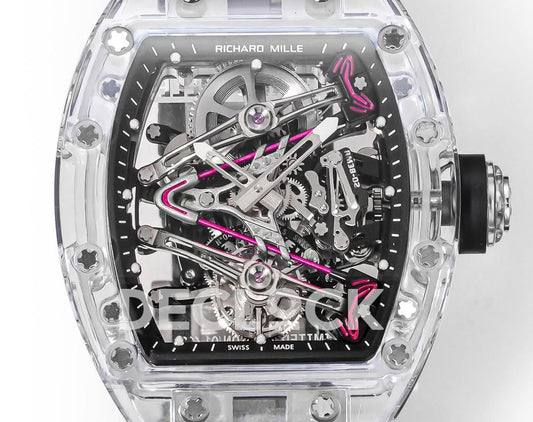 Replica Richard Mille Mille RM 38-02 Pink Themed Crystal Skeleton Tourbillon Black Rubber | Declock.
