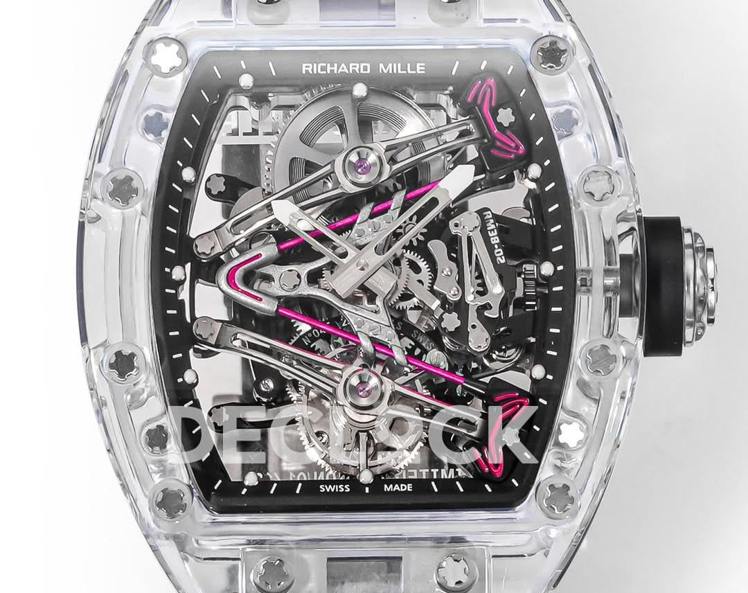 Replica Richard Mille Mille RM 38-02 Pink Themed Crystal Skeleton Tourbillon Black Rubber |  Declock.