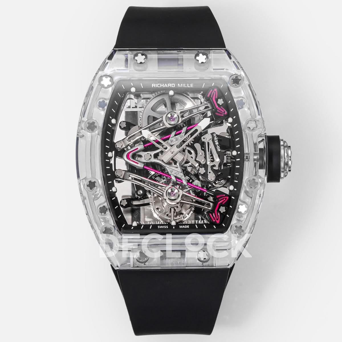 Replica Richard Mille Mille RM 38-02 Pink Themed Crystal Skeleton Tourbillon Black Rubber |  Declock.